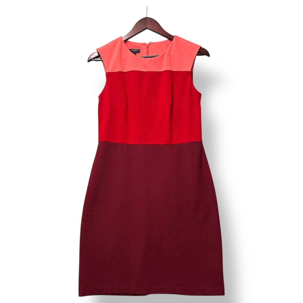 Talbots Women Petite 2P Colorblock Sheath Dress Red Coral Burgundy‎ Career Mod